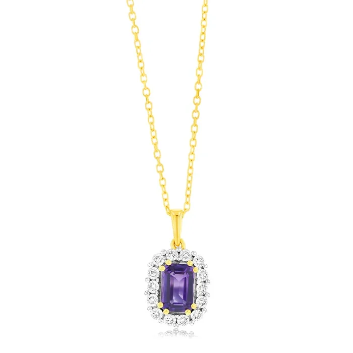 0.54 Carat Amethyst and Diamond Pendant with 45cm Chain in 9ct Yellow Gold