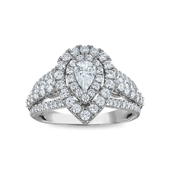 1-1/2 CTW Natural Diamond Halo Engagement Pear Shape Ring in 10KT White Gold