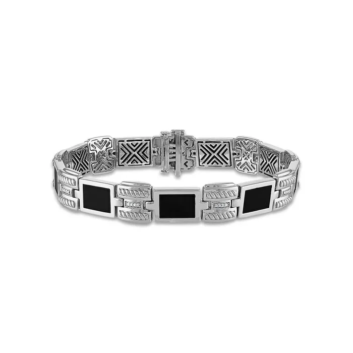 1/10 CTW Natural Diamond and Black Onyx Link 8.5-inch Bracelet in Rhodium Plated Sterling Silver