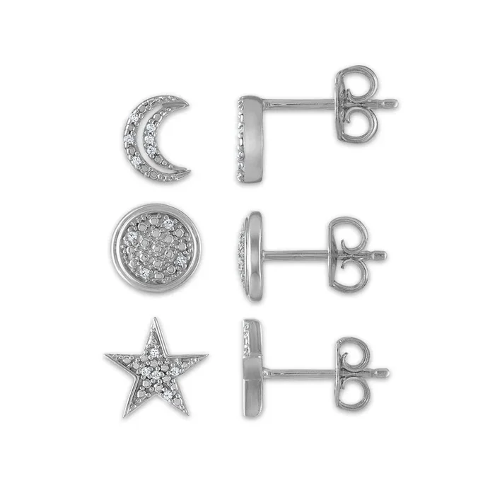 1/10 CTW Natural Diamond Sun Moon Star 3-Pair Stud Earrings in Sterling Silver