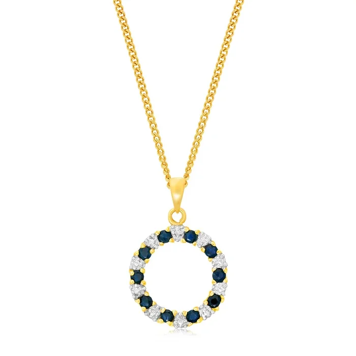 1/2 Carat Black Sapphire and Diamond Circle Pendant in 9ct Yellow Gold