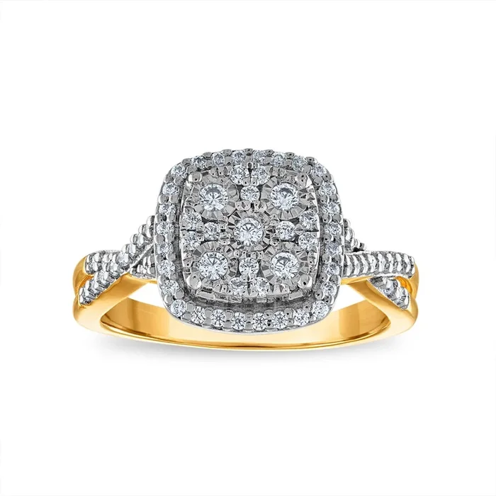 1/2 CTW Natural Diamond Engagement Cluster Halo Cushion Shape Ring in 10KT Yellow Gold