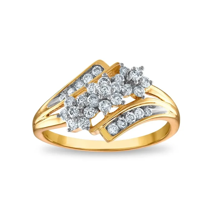 1/2 CTW Natural Diamond Fancy Flower Three Stone Ring in 10KT Yellow Gold