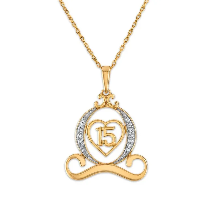 1/25 CTW Natural Diamond Quinceanera Carriage Heart 18-inch Pendant in 10KT Yellow Gold