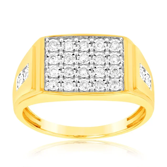 1/3 Carat Mens Ring Set with 24 Natural Diamonds in 9ct Yellow Gold & Rhodium