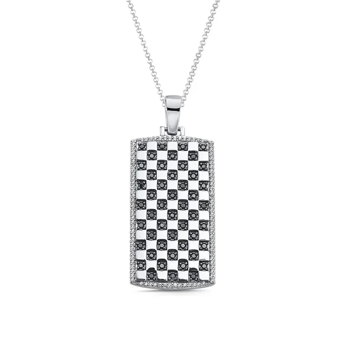 1 CTW Natural Diamond 22-inch Dog Tag Pendant in Rhodium Plated Sterling Silver