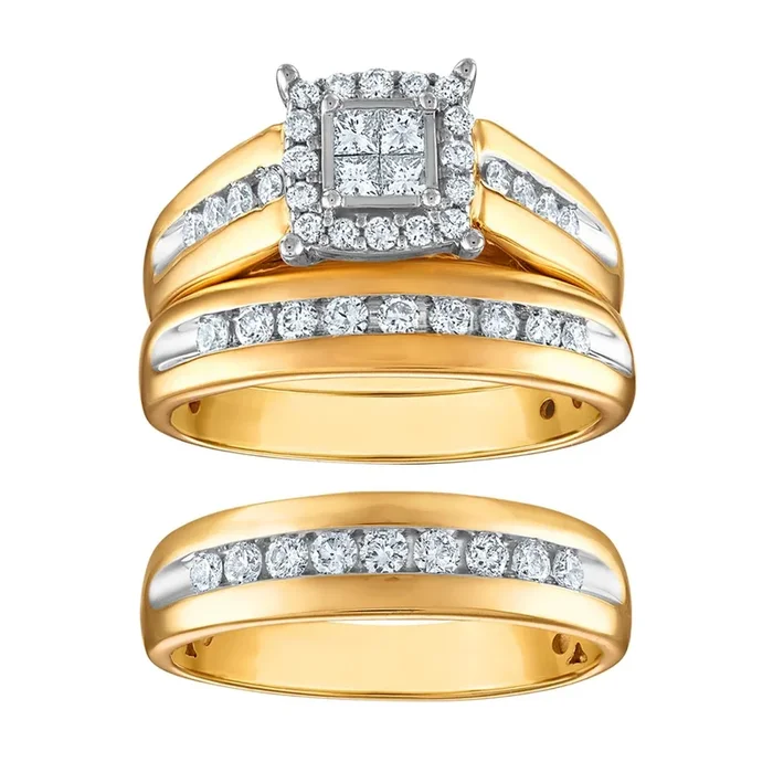 1 CTW Natural Diamond Cushion Shaped Wedding Trio Set in 10KT White and Yellow Gold