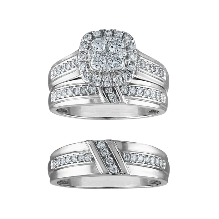 1 CTW Natural Diamond Halo Wedding Trio Set in 10KT White Gold