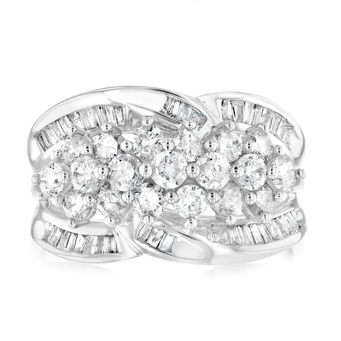 10ct White Gold 1.4 Carat Diamond Ring with Round Brilliant and Tapered Baguette Diamonds