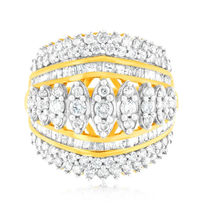 10ct Yellow Gold 2 Carat Diamond Ring with Taper and Round Brilliant Cut Diamonds