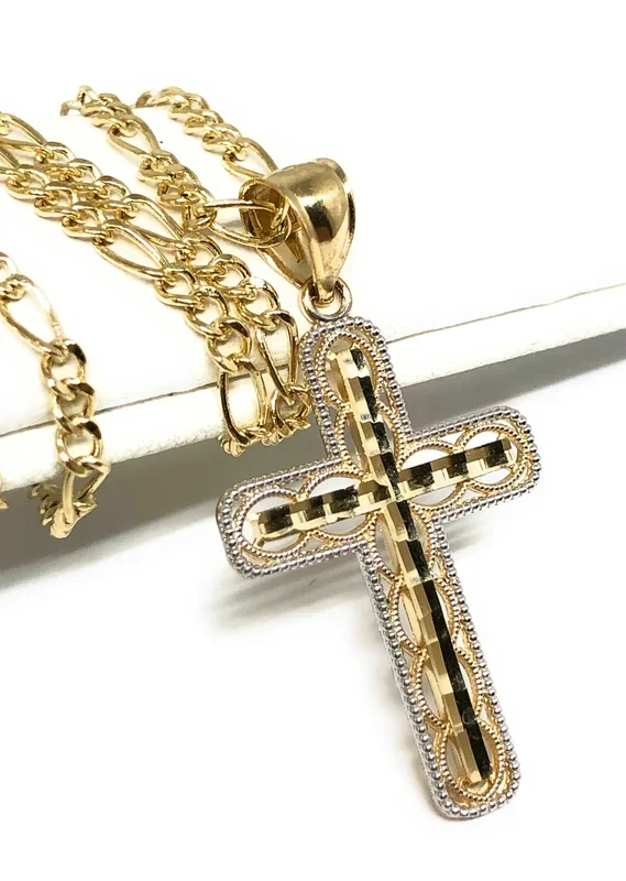 10k Solid Gold 2-Tone Classic Cross Pendant Necklace Crucifix With Figaro Chain