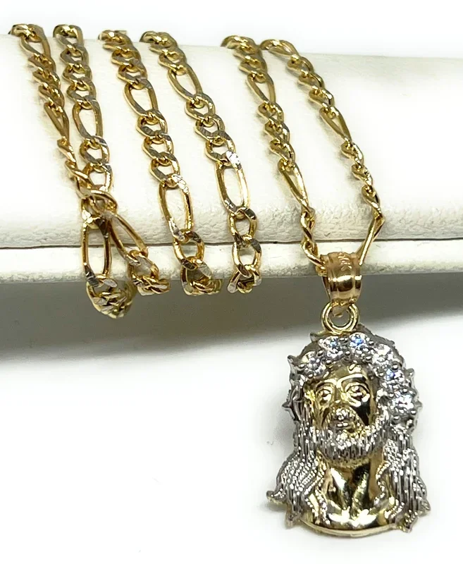 10k Solid Gold 2-Tone Jesus Face CZ Pendant Necklace