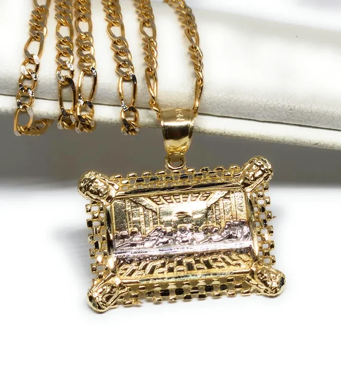 10k Solid Gold 2-TONE Jesus Last Supper SQUARE Pendant Necklace (XS, SM, MED)