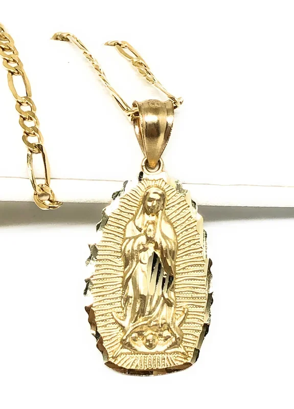 10k Solid Gold Classic Virrgin Mary Pendant Necklace Virrgen Gaudalupe Chain (XL, LG, MED, SM,XS)