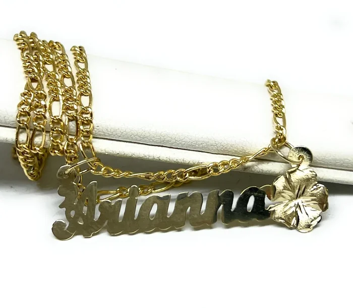 10k Solid Gold Custom PLUMERIA FLOWER Cursive Nameplate Pendant Necklace
