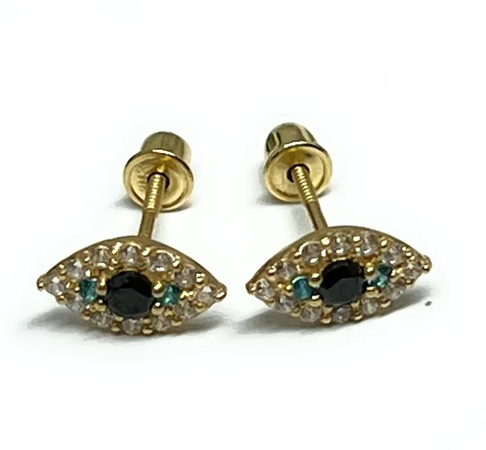 10k Solid Gold CZ Evil Eye Mini Dainty Stud Earrings (FCE 07)