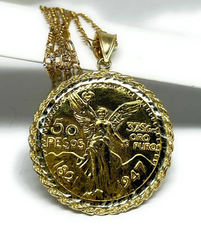 10k Solid Gold Mexican Cenntenario Pendant With Rope Bezel Necklace (20.5g)