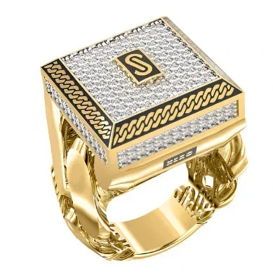 10k Solid Gold MONACO NERO CZ MENS SQUARE CUBAN LINK RING (NERO 2)