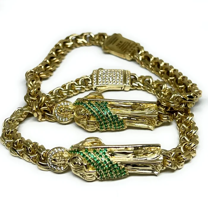 10k Solid Gold SAAN JUDAS SAAINT JUDE 3D GREEN CZ CHINO LINK Brracelet 7-8 inch (15g)