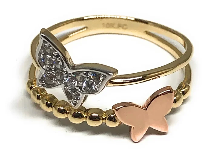 10k Solid Gold Tri-Color CZ Butterfly Ring (FC 58)