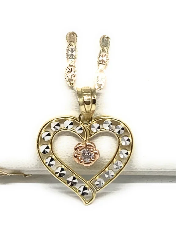 10k Solid Gold Tri-Color Flower CZ Heart Pendant Necklace