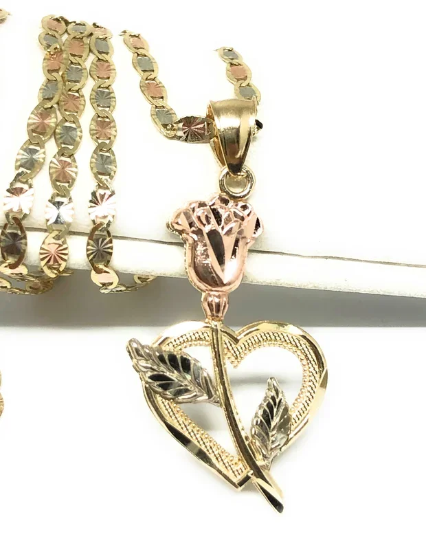 10k Solid Gold Tri-Color Heart Flower Pendant Necklace Valentina Chain
