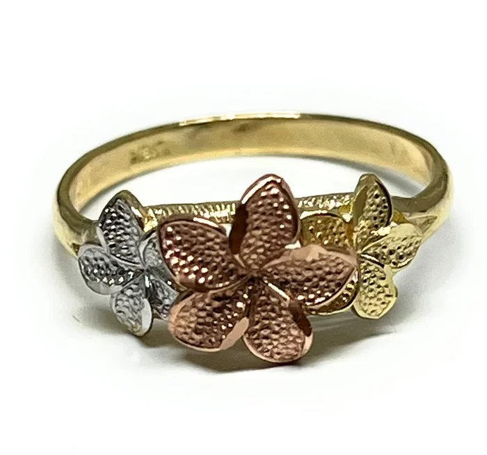 10k Solid Gold Tri-Color Three PLUMERIA Flower Ring