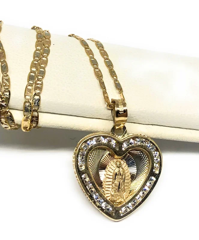 10k Solid Gold Tri-Color Virrgin Mary CZ Heart Pendant Necklace Virrgen Gaudalupe
