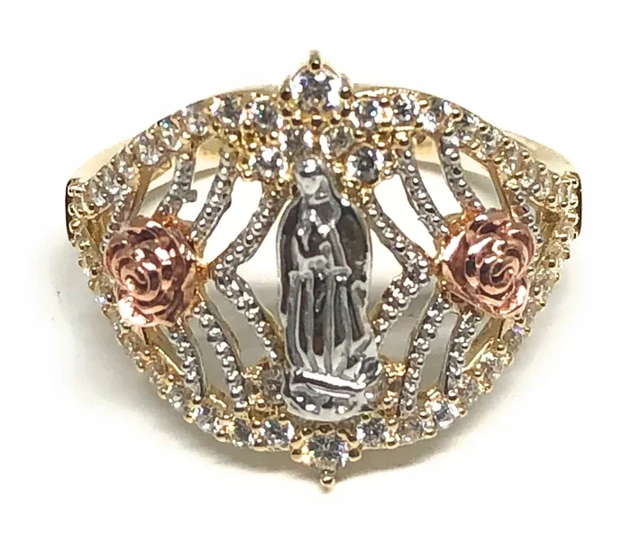 10k Solid Gold Tri-Color Virrgin Mary Flower CZ Ring (FC 25)
