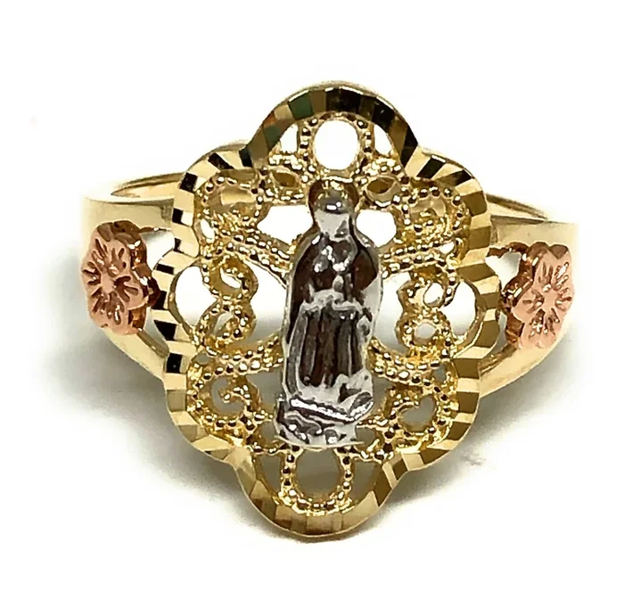 10k Solid Gold Tri-Color Virrgin Mary Flower Ring (FC 16)