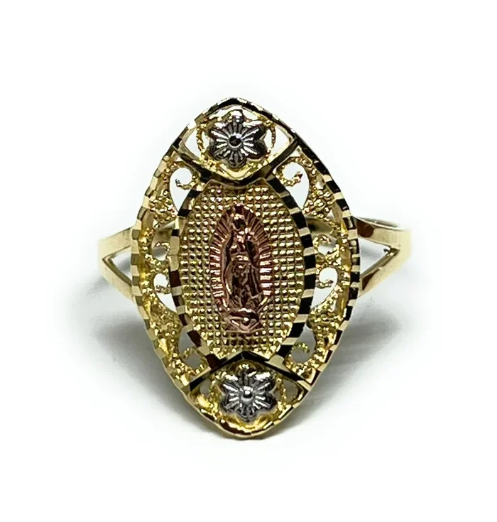10k Solid Gold Tri-Color Virrgin Mary Flower Ring (FC 247)