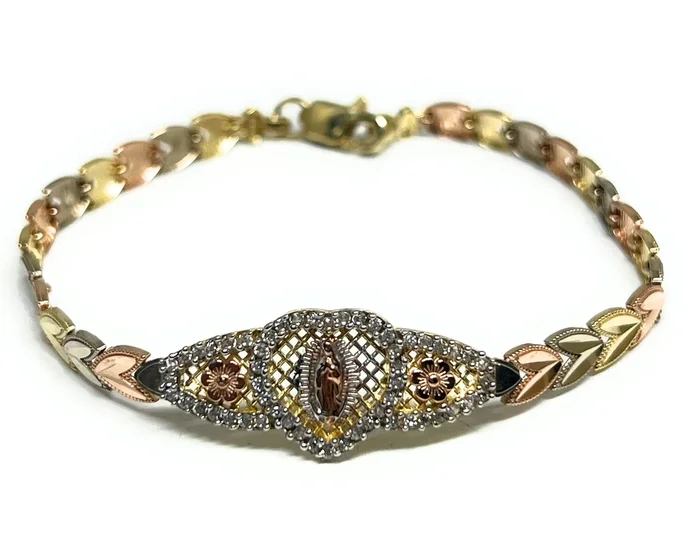 10k Solid Gold Tri-Color Virrgin Mary HEART Brracelet 7.25 inch Virrgen Guadalupe