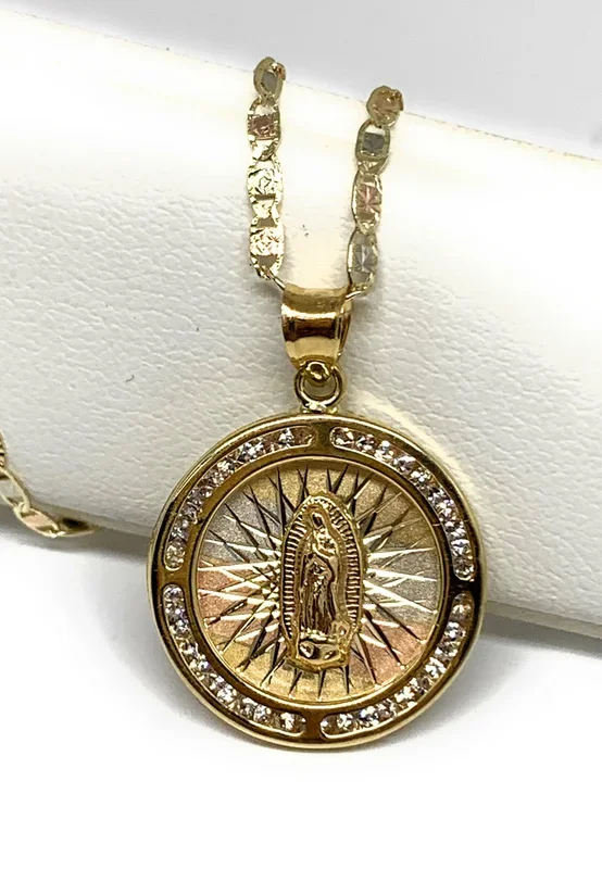 10k Solid Gold Tri-Color Virrgin Mary Round Pendant Necklace W/ CZ Virrgen Gaudalupe Valentina Chain (SM,XS)