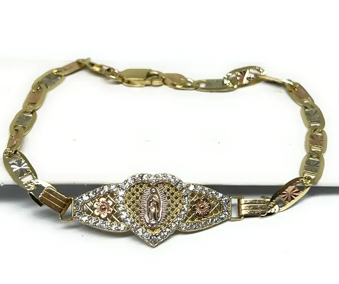 10k Solid Gold Tri-Color Virrgin Mary VALENTINA HEART Brracelet 7 inch Virrgen Guadalupe (5.2g)