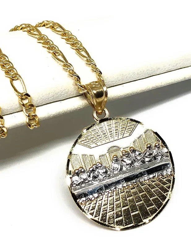 10k Solid Gold Yellow 2-Tone Jesus Last Supper Round Pendant Necklace (SM, MED, LG)