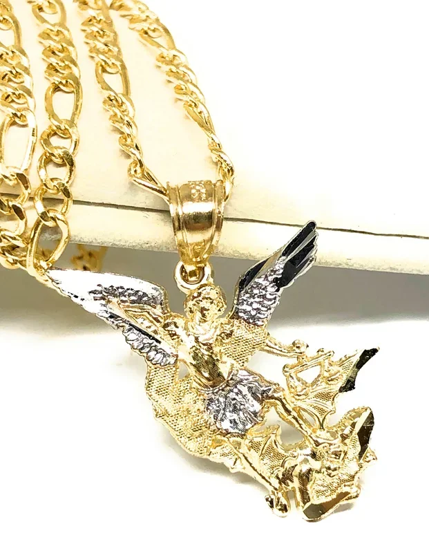 10k Solid Gold Yellow 2-Tone St. Michael Archangel Pendant Necklace (SM)