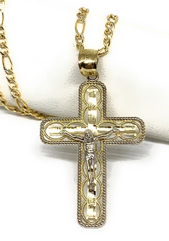 10k Solid Gold Yellow Classic 2-Tone Jesus Cross Layered Crucifix Pendant Necklace