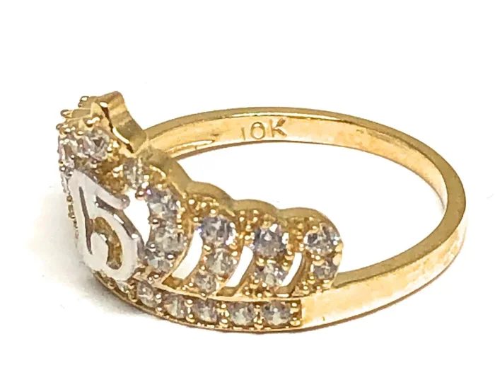 10k Solid Gold Yellow Crown CZ Mis 15 Años Ring
