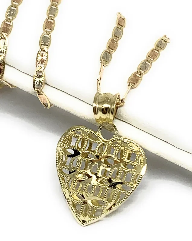 10k Solid Gold Yellow Filigran Hollow Heart Pendant Necklace Valentina Chain