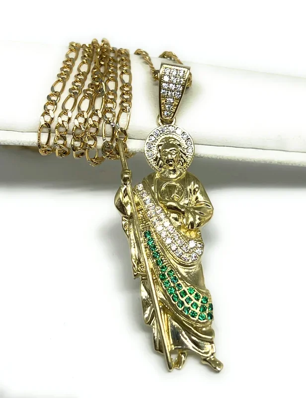 10k Solid Gold Yellow Green, White CZ Saan Judas Saaint Jude Pendant Figaro Chain (LG,MED,SM)