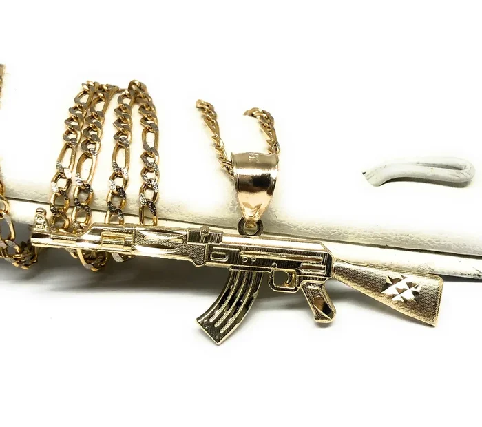 10k Solid Gold Yellow Machine Gun AK-47 Pendant Necklace
