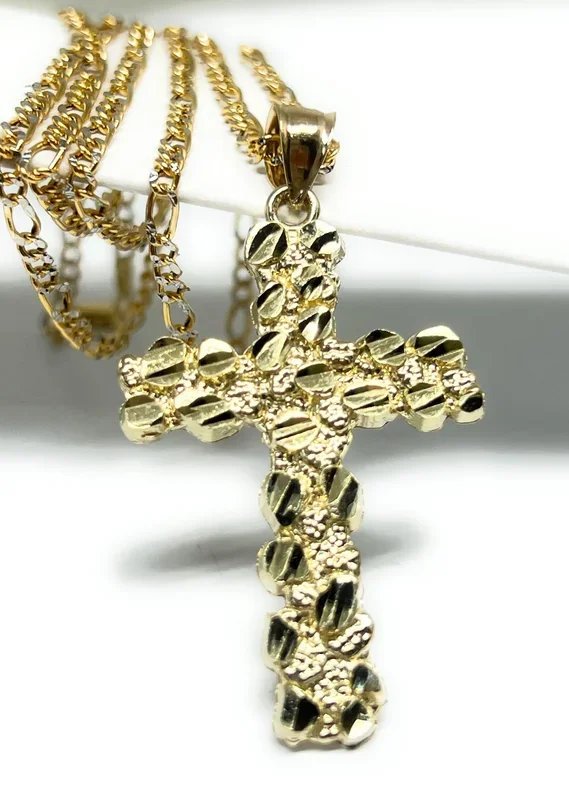 10k Solid Gold Yellow Nugget CROSS Pendant Necklace Figaro Chain (LG, MED, SM)
