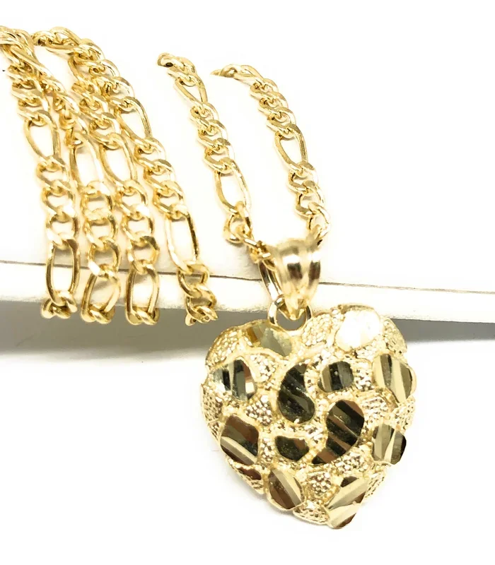 10k Solid Gold Yellow Nugget Heart Pendant Necklace Figaro Chain (SM, MED, LG)