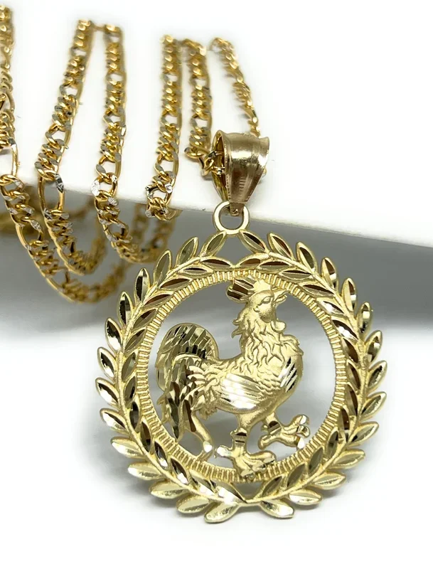 10k Solid Gold Yellow Rooster ROUND CORONET Pendant Necklace