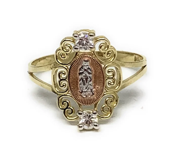 10k Solid Gold Yellow Tri-Color Virrgin Mary CZ Layered Ring