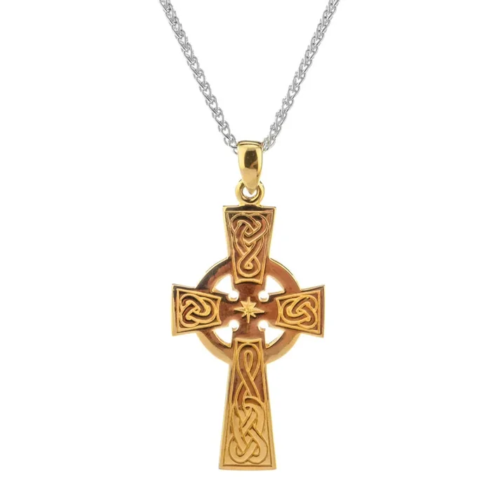 10K Yellow Gold Celtic Cross Pendant – Centre Star Detail – Large