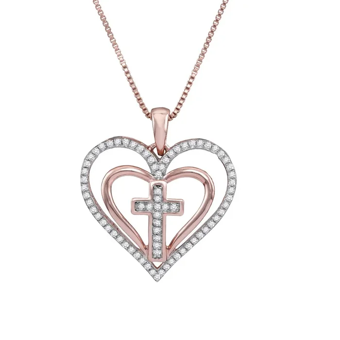 10KT Rose Gold 1/5 CTW Natural Diamond 18-inch Cross Heart Pendant