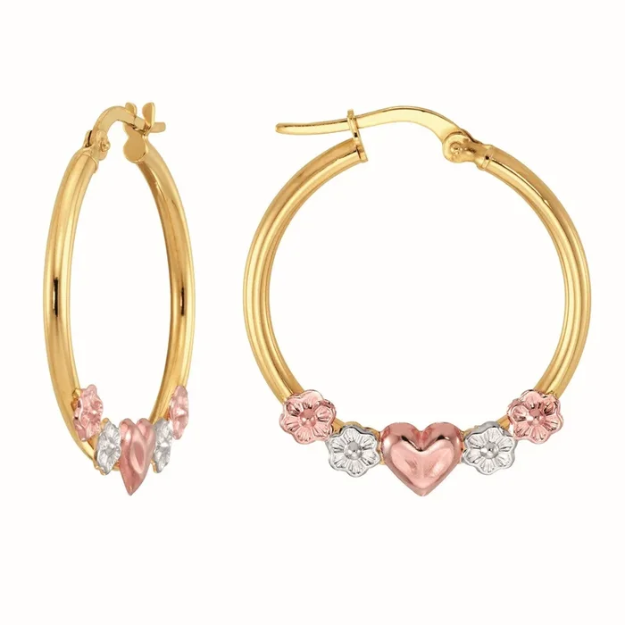 10KT Tri-Color Gold Heart Flower Hoop Earrings
