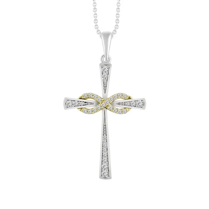 10KT White and Yellow Gold 1/4 CTW Natural Diamond 34X19MM 18-inch Infinity Cross Pendant