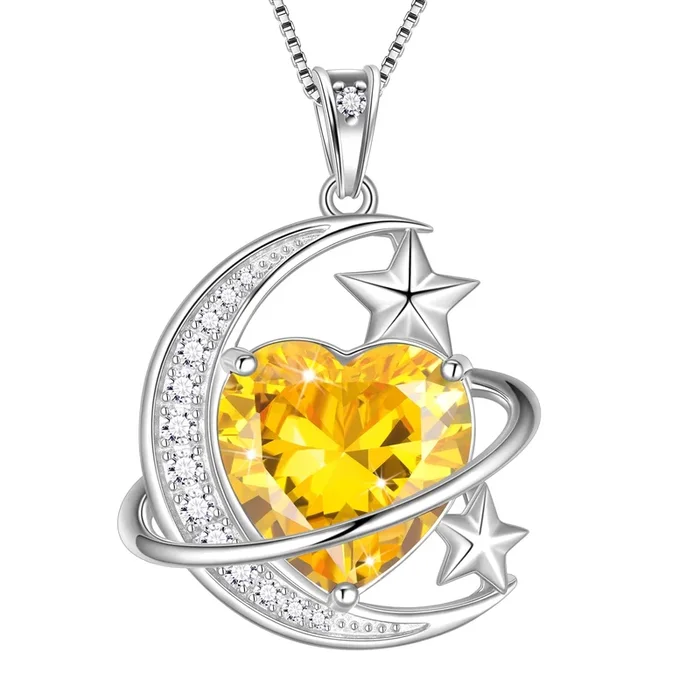 13MM Women Moon and Star Necklace Heart November Birthstone 925 Sterling Silver Sun and Moon Necklace Pendant Yellow Citrine Jewelry Christmas Valentines Mother’s Day Gift